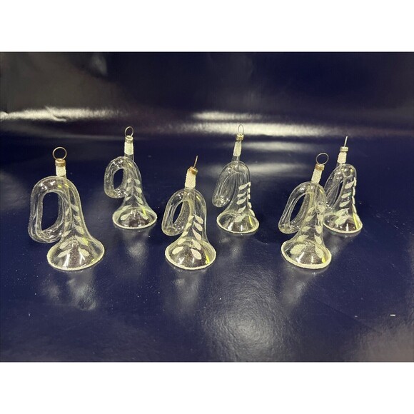 Rare VTG Lot Of 6 Hand- Blown Clear Glass French Horn Christmas Ornaments - D8 - Picture 1 of 9